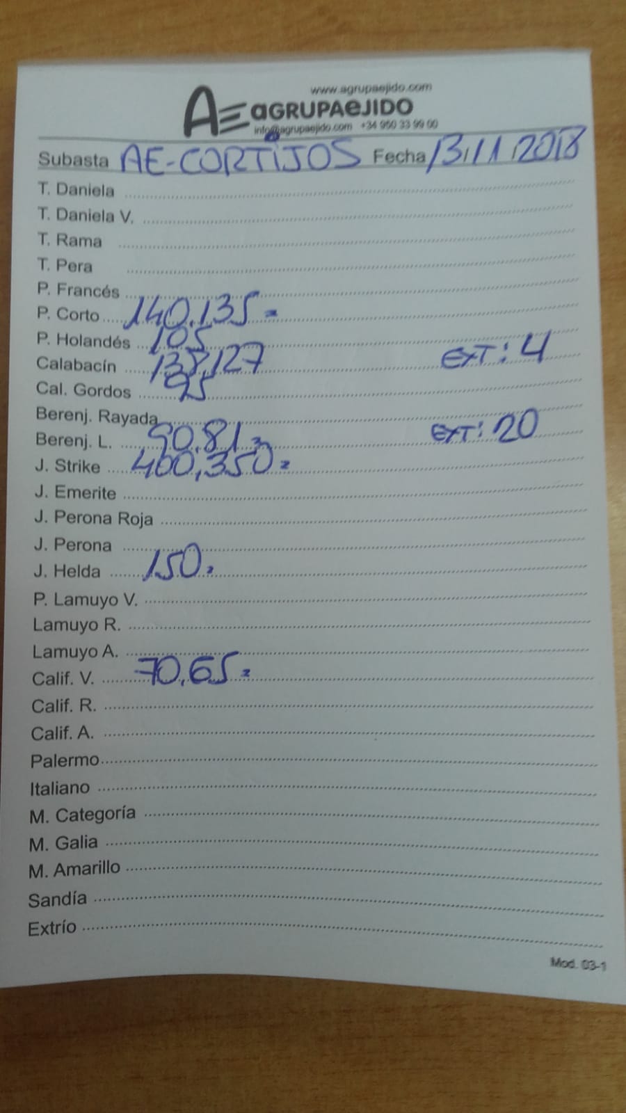 Subasta hortofrutícola AgrupaEjido Cortijos de Marín 13 de Noviembre