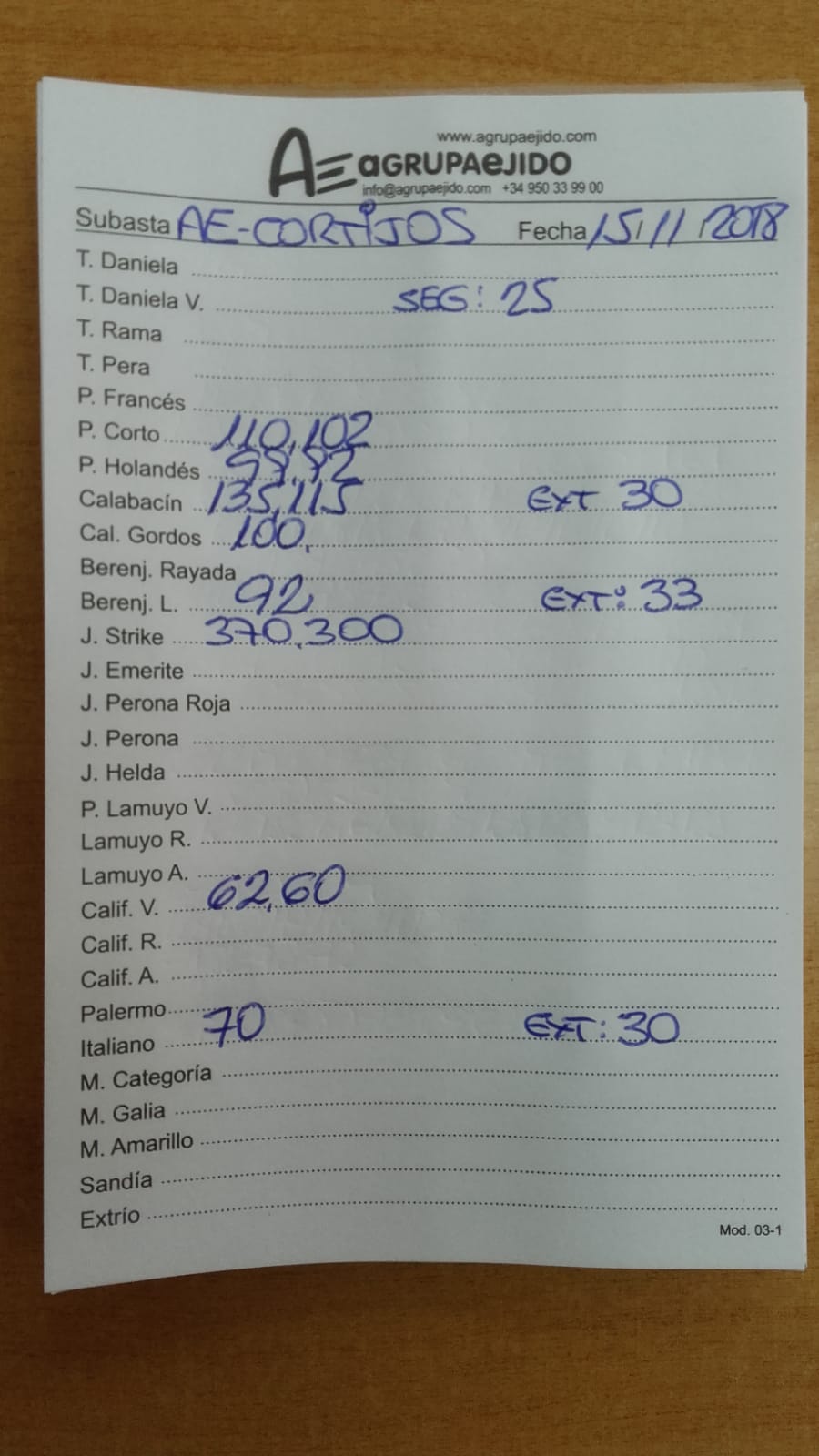 Subasta hortofrutícola AgrupaEjido Cortijos de Marín 15 de Noviembre