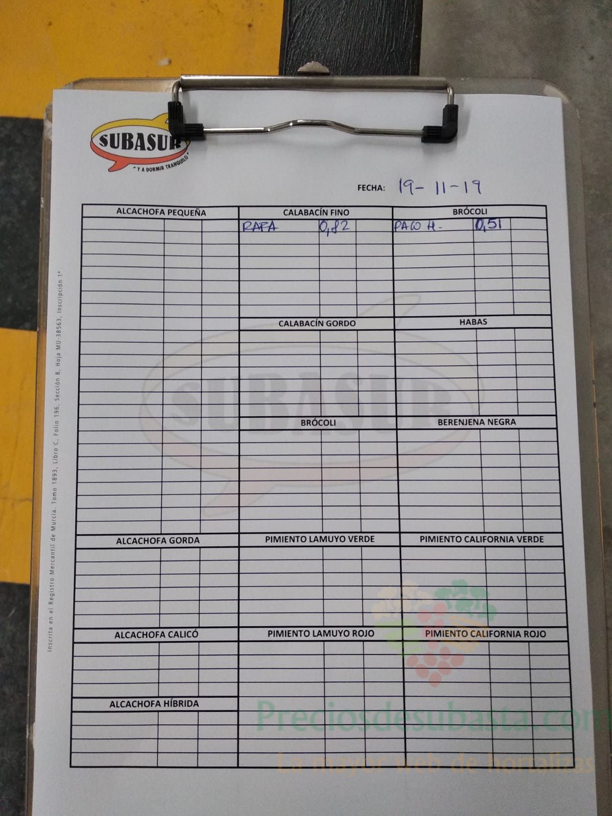 Subasta hortofrutícola Subasur 19 de Noviembre