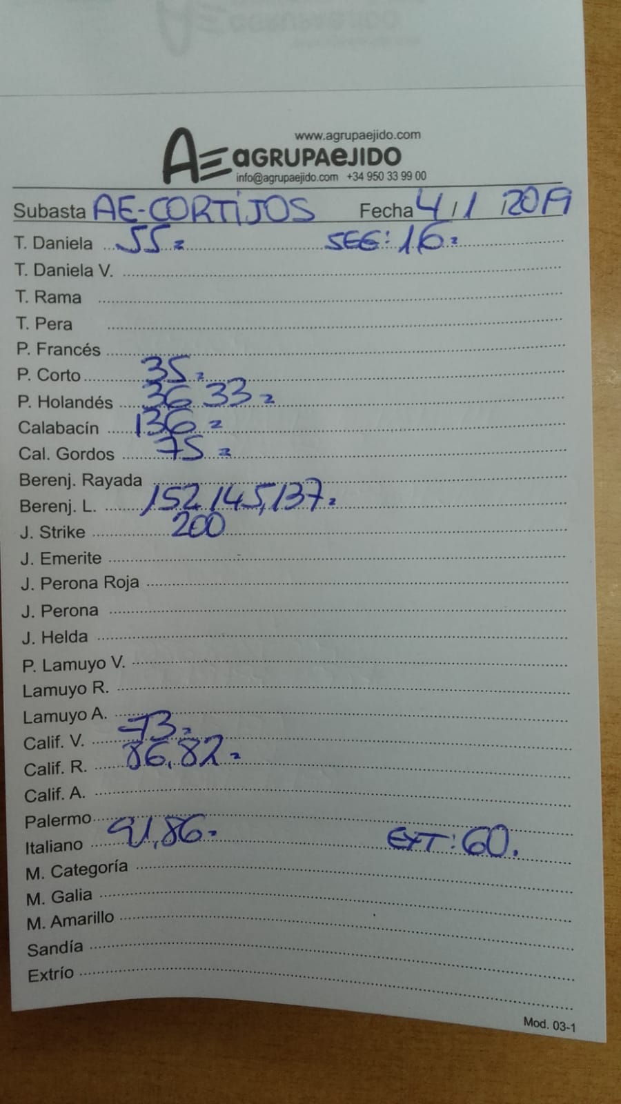 Subasta hortofrutícola AgrupaEjido Cortijos de Marín 4 de Enero 2019