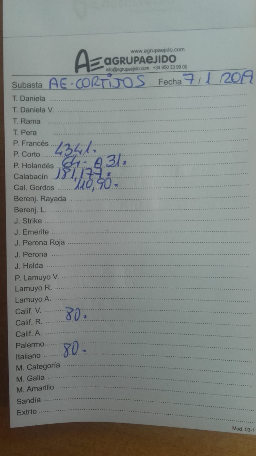 Subasta hortofrutícola AgrupaEjido Cortijos de Marín 7 de Enero 2019