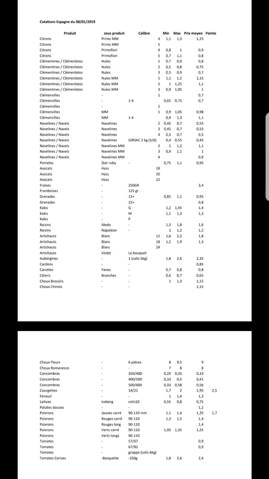 Precios productos españoles en Perpignan 8 de Enero 2019