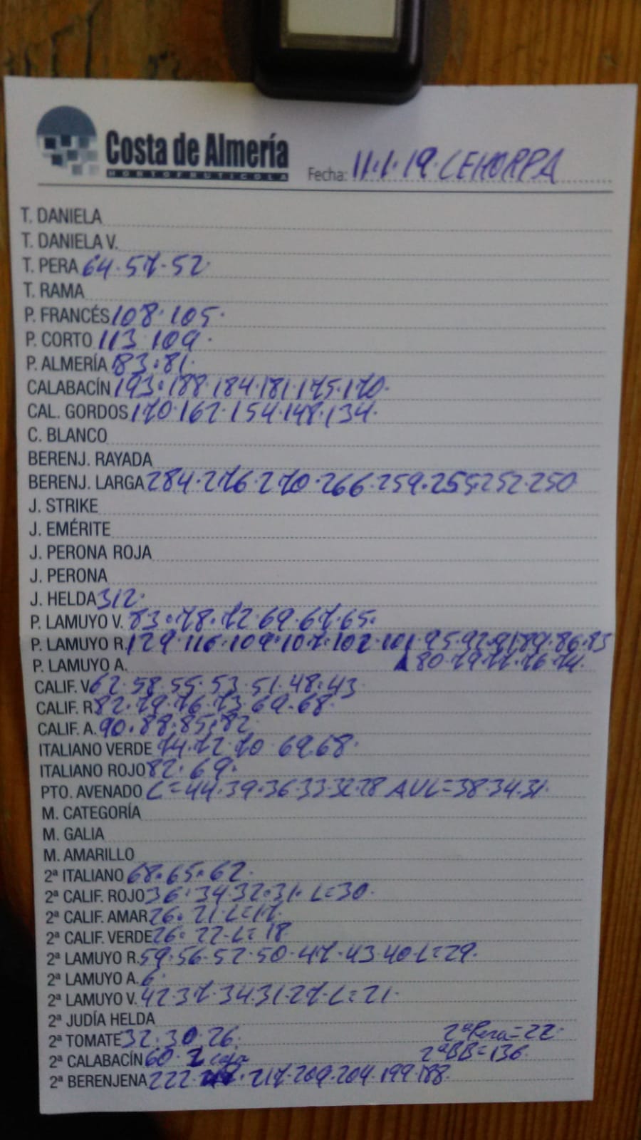 Subasta hortofrutícola Costa de Almería Cehorpa 11 de Enero 2019