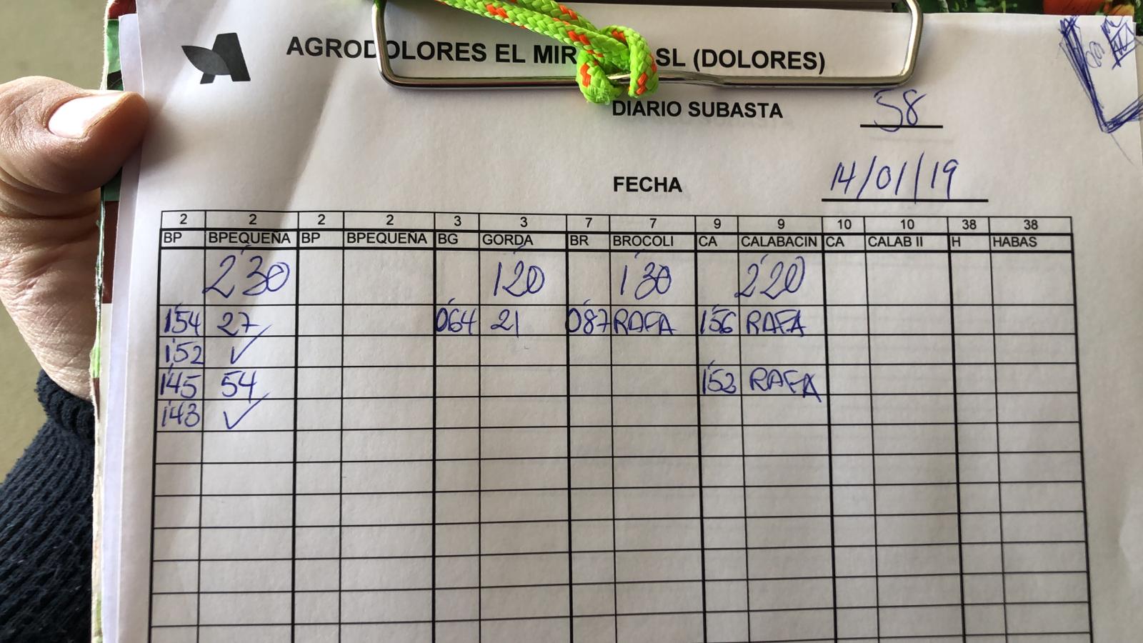 Subasta hortofrutícola Agrodolores Dolores 14 de Enero 2019