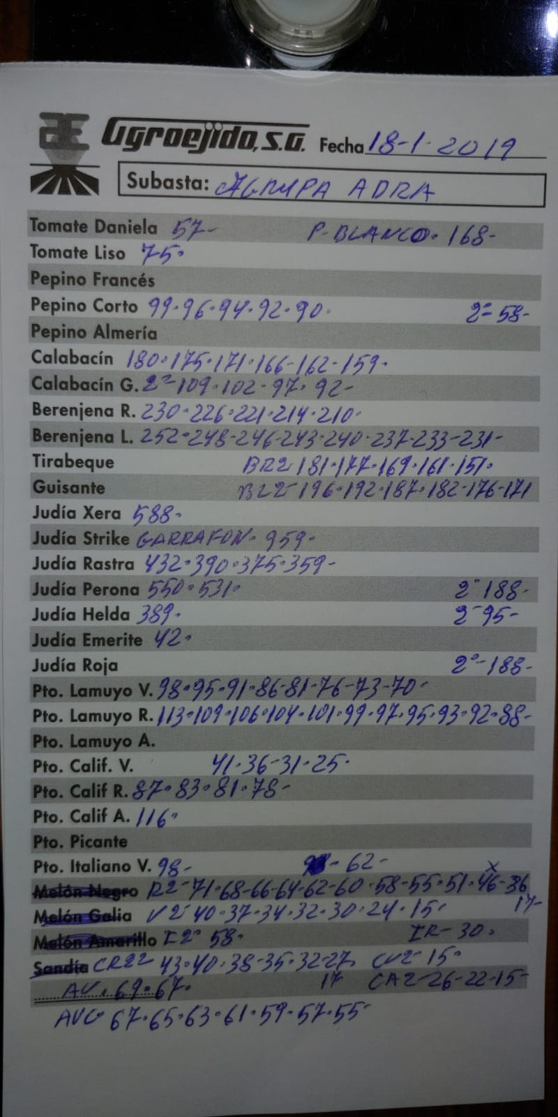 Subasta hortofrutícola AgrupaAdra 18 de Enero 2019