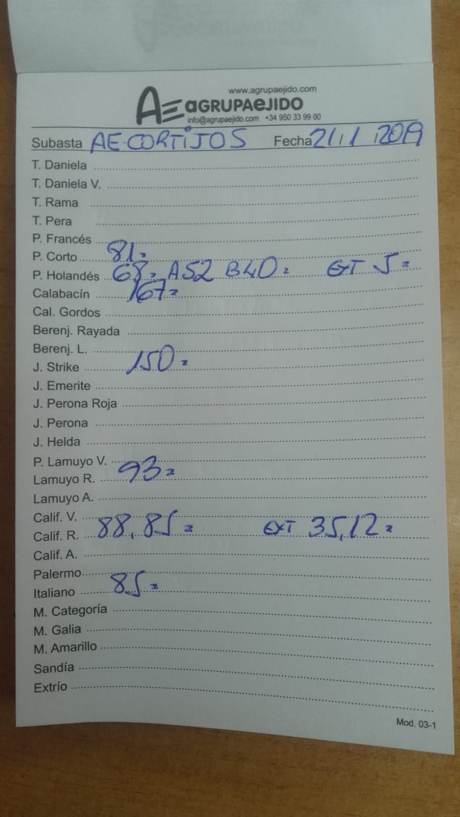 Subasta hortofrutícola AgrupaEjido Cortijos de Marín 21 de Enero 2019