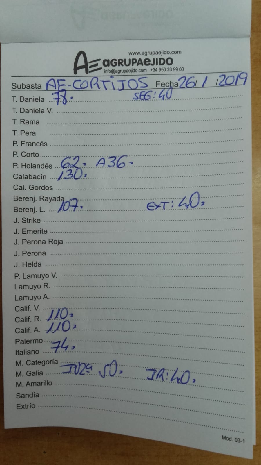 Subasta hortofrutícola AgrupaEjido Cortijos de Marín 26 de Enero 2019