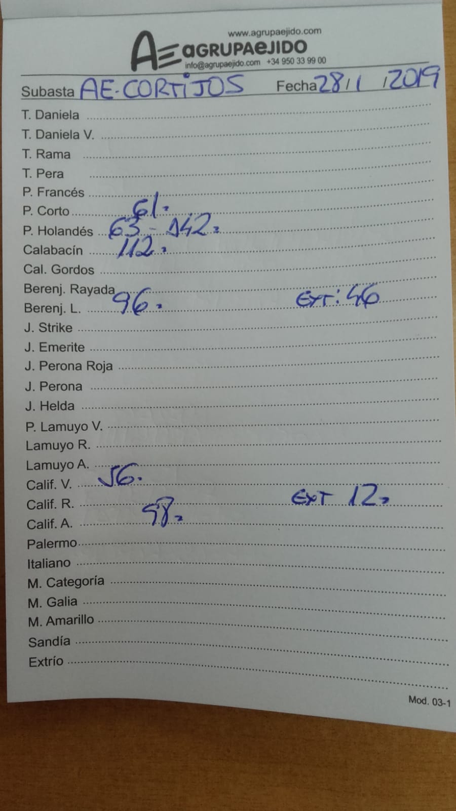 Subasta hortofrutícola AgrupaEjido Cortijos de Marín 28 de Enero 2019