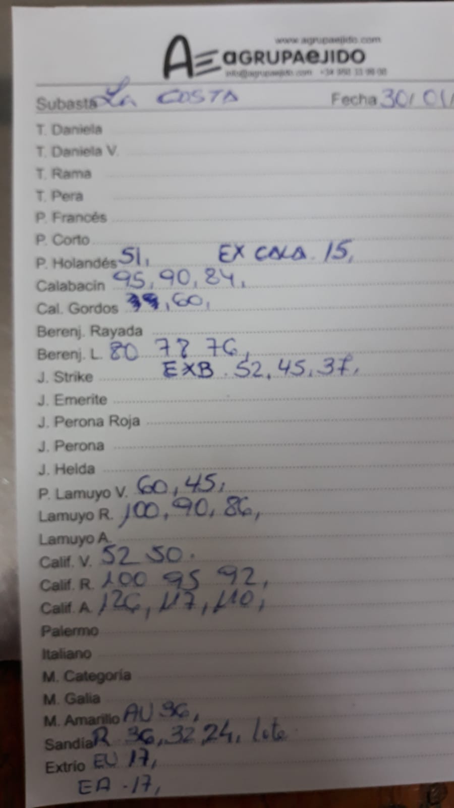 Subasta hortofrutícola AgrupaEjido La Costa 30 de Enero 2019