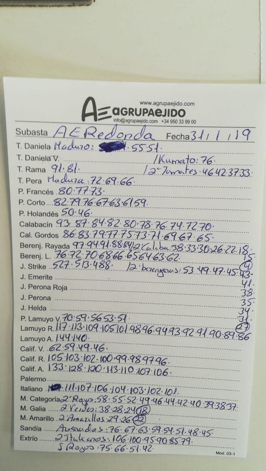 Subasta hortofrutícola AgrupaEjido La Redonda 31 de Enero 2019