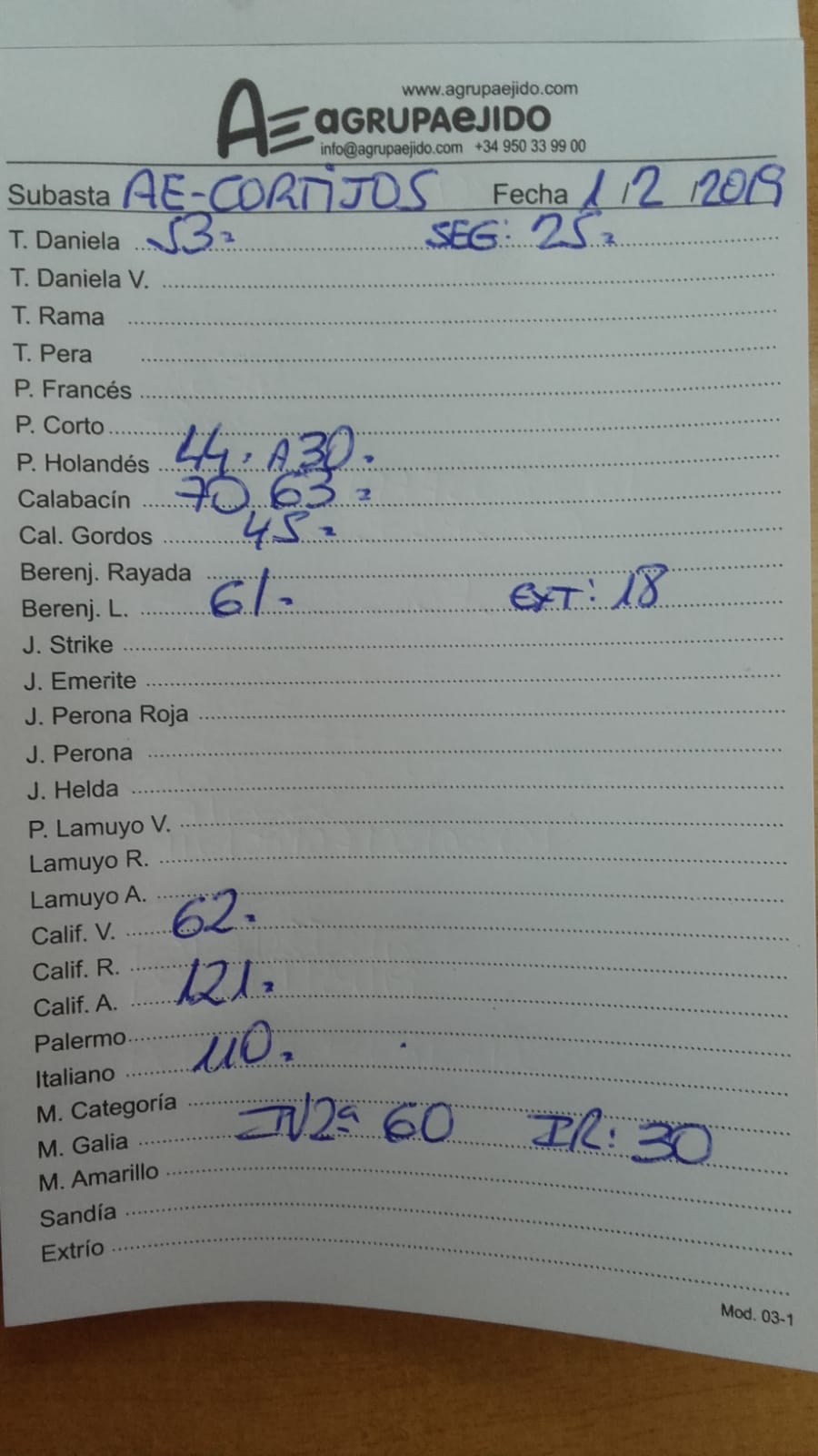 Subasta hortofrutícola AgrupaEjido Cortijos de Marín 1 de Febrero 2019