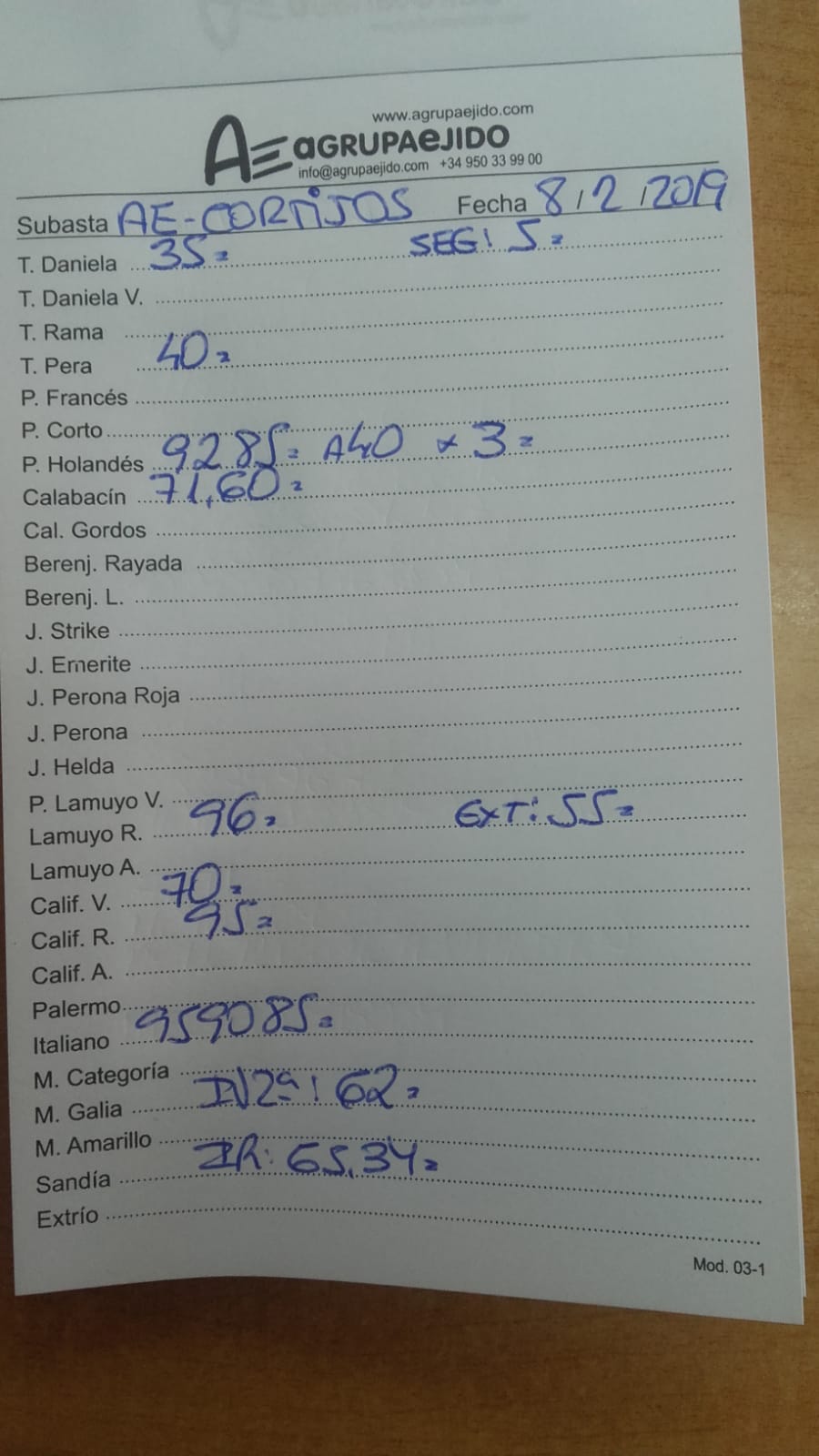 Subasta hortofrutícola AgrupaEjido Cortijos de Marín 8 de Febrero 2019