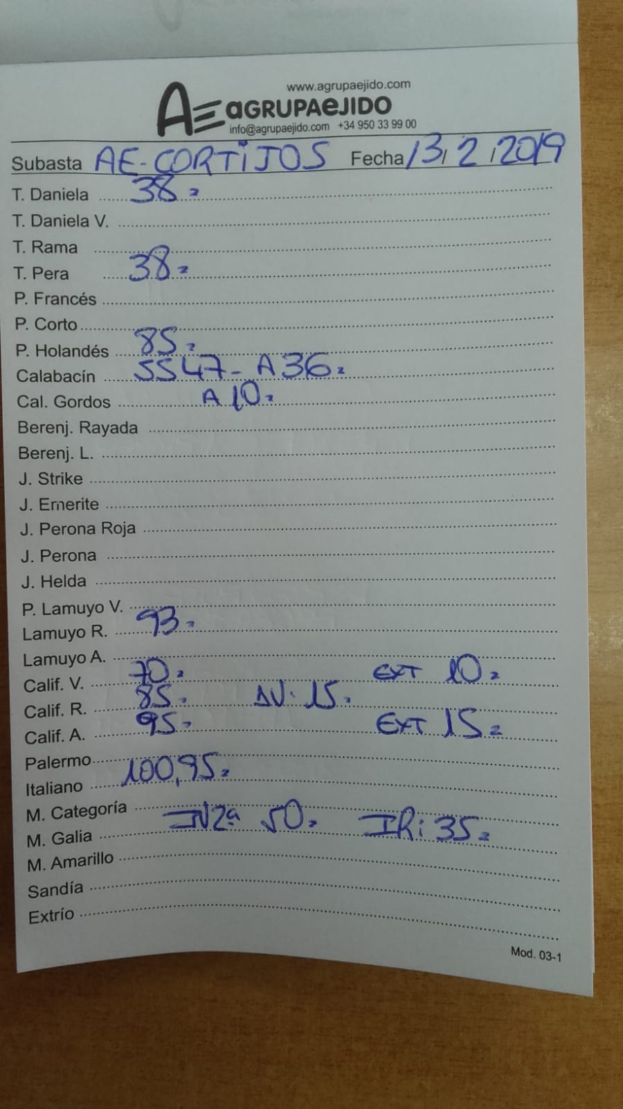 Subasta hortofrutícola AgrupaEjido Cortijos de Marín 13 de Febrero 2019