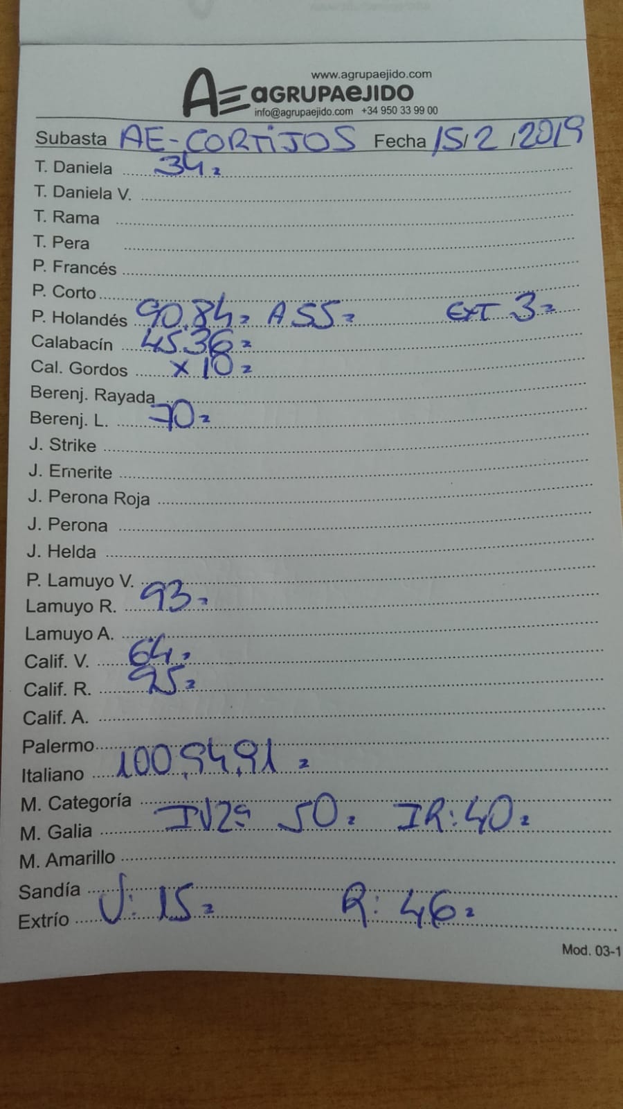 Subasta hortofrutícola AgrupaEjido Cortijos de Marín 15 de Febrero 2019