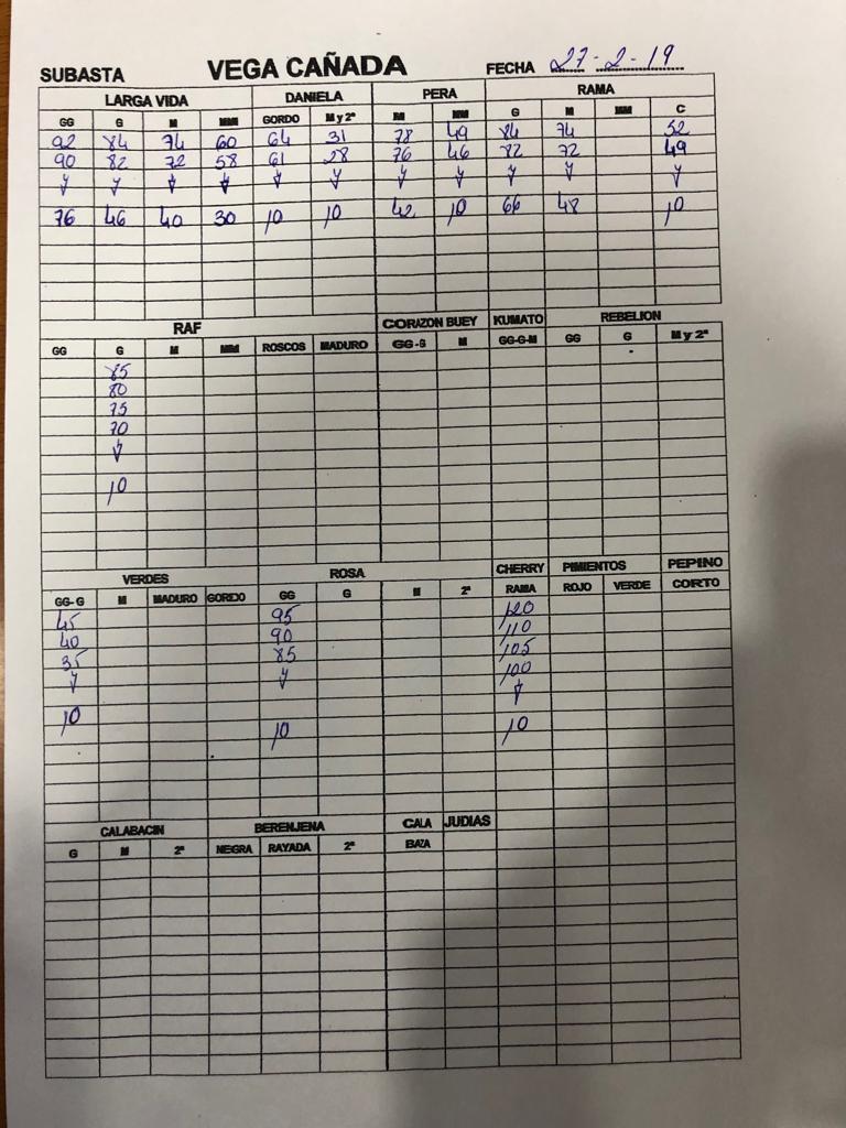 Subasta hortofrutícola Vegacañada 27 de Febrero 2019