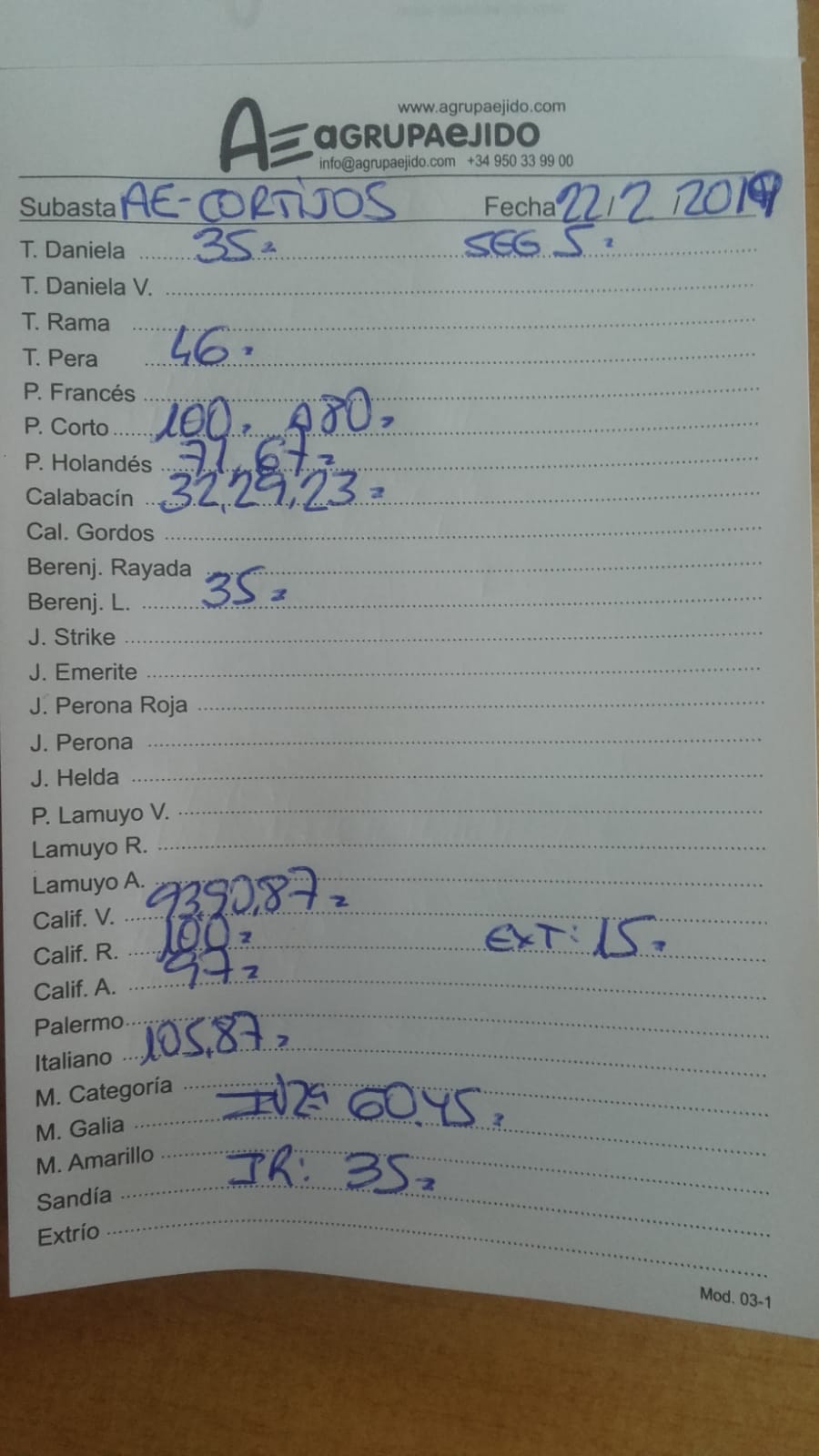 Subasta hortofrutícola AgrupaEjido Cortijos de Marín 22 de Febrero