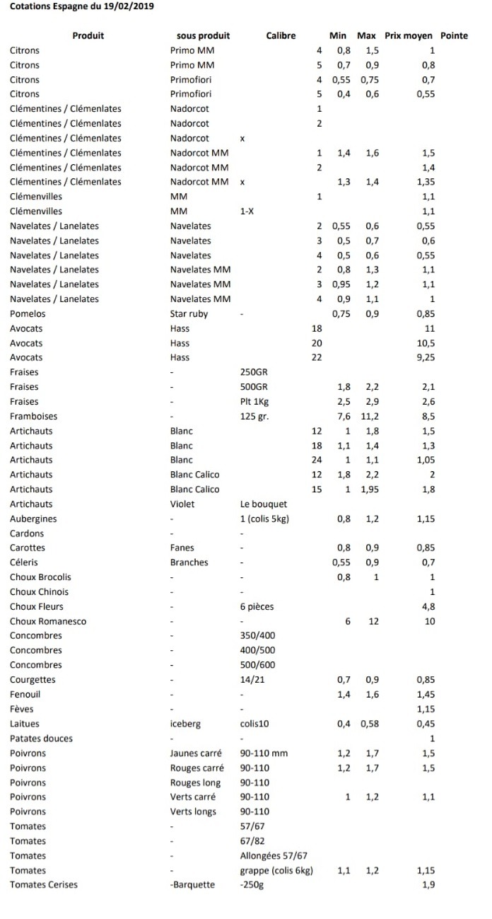 Precios de productos españoles  en Perpignan 19 de Febrero 2019