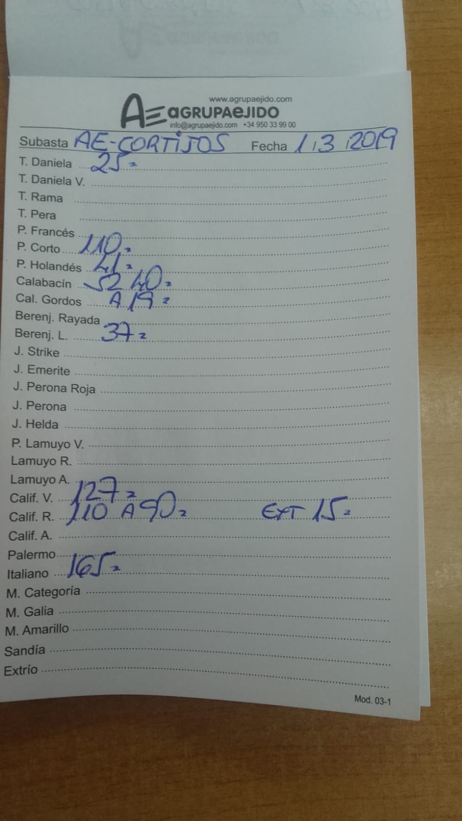 Subasta hortofrutícola AgrupaEjido Cortijos de Marín 1 de Marzo 2019