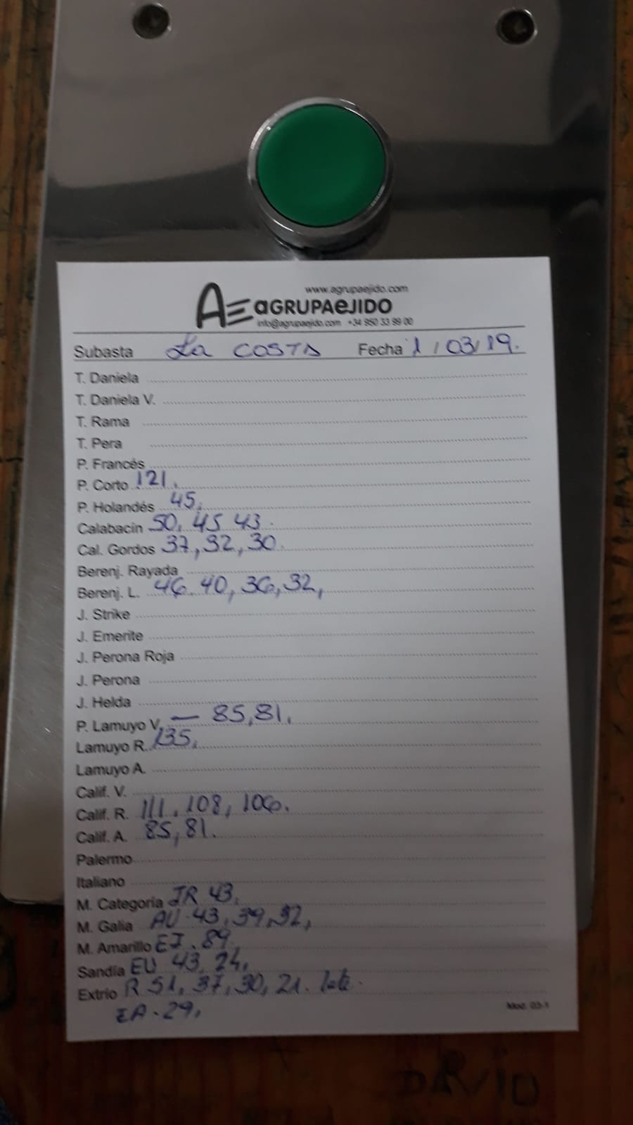 Subasta hortofrutícola AgrupaEjido La Costa 1 de Marzo 2019