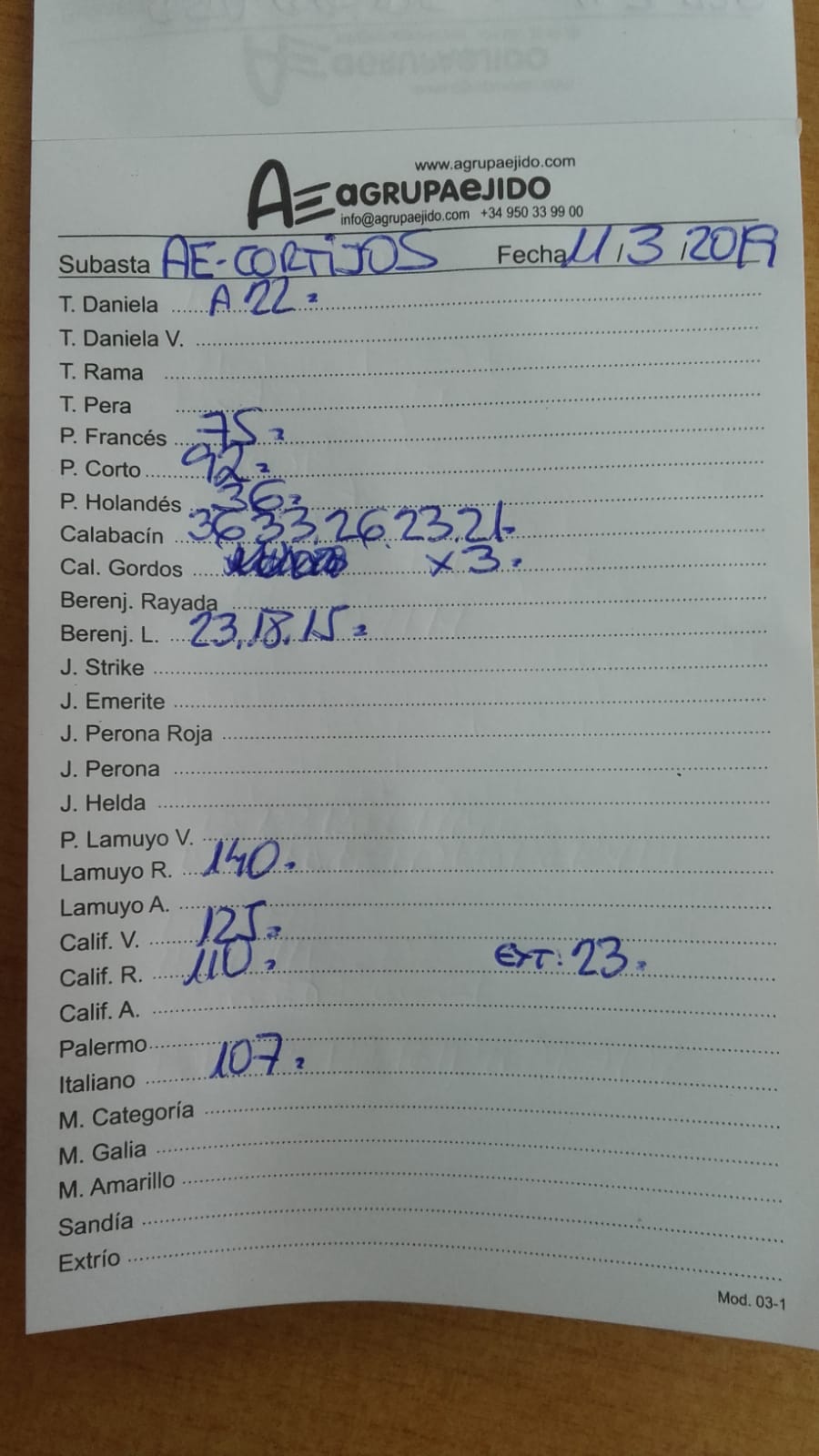 Subasta hortofrutícola AgrupaEjido Cortijos de Marín 11 de Marzo 2019