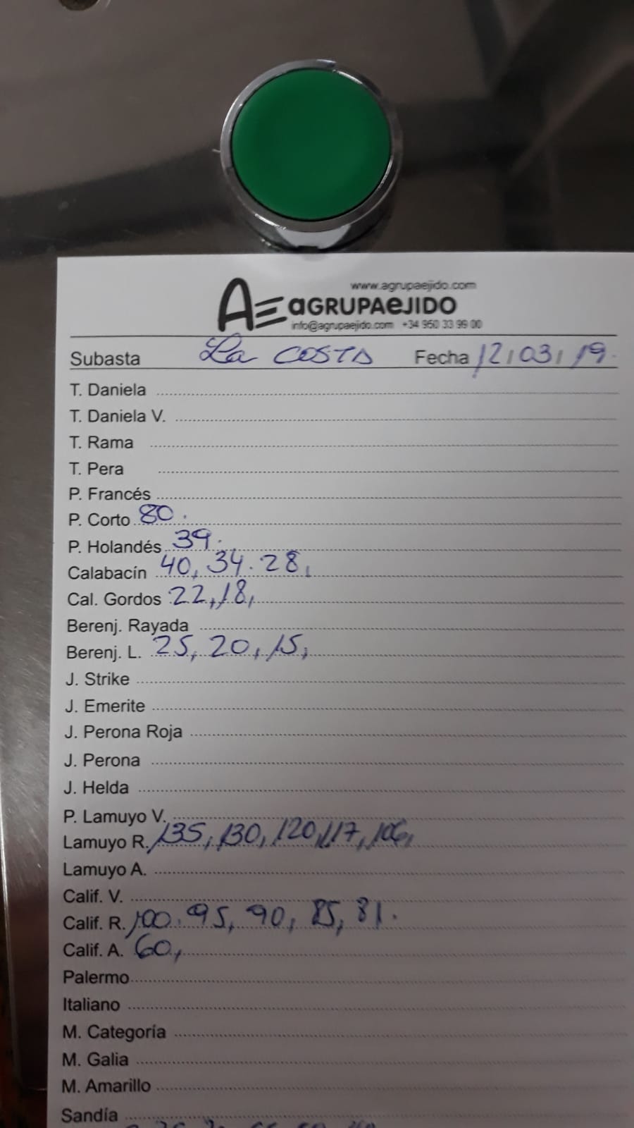 Subasta hortofrutícola AgrupaEjido La Costa 12 de Marzo 2019
