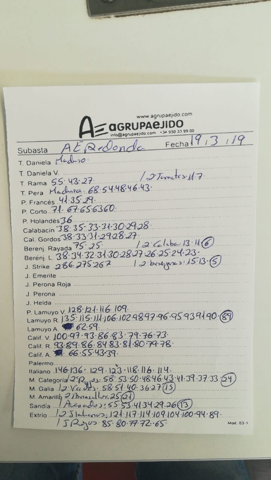 Subasta hortofrutícola AgrupaEjido La Redonda 19 de Marzo 2019