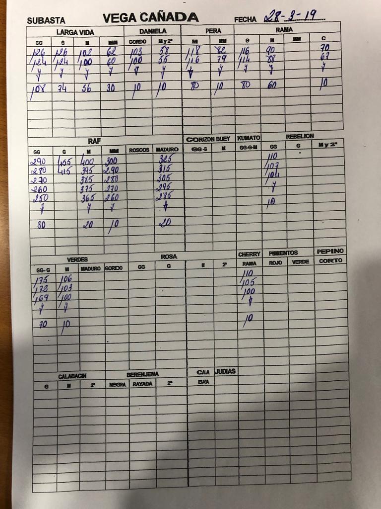 Subasta hortofrutícola Vegacañada 28 de Marzo 2019