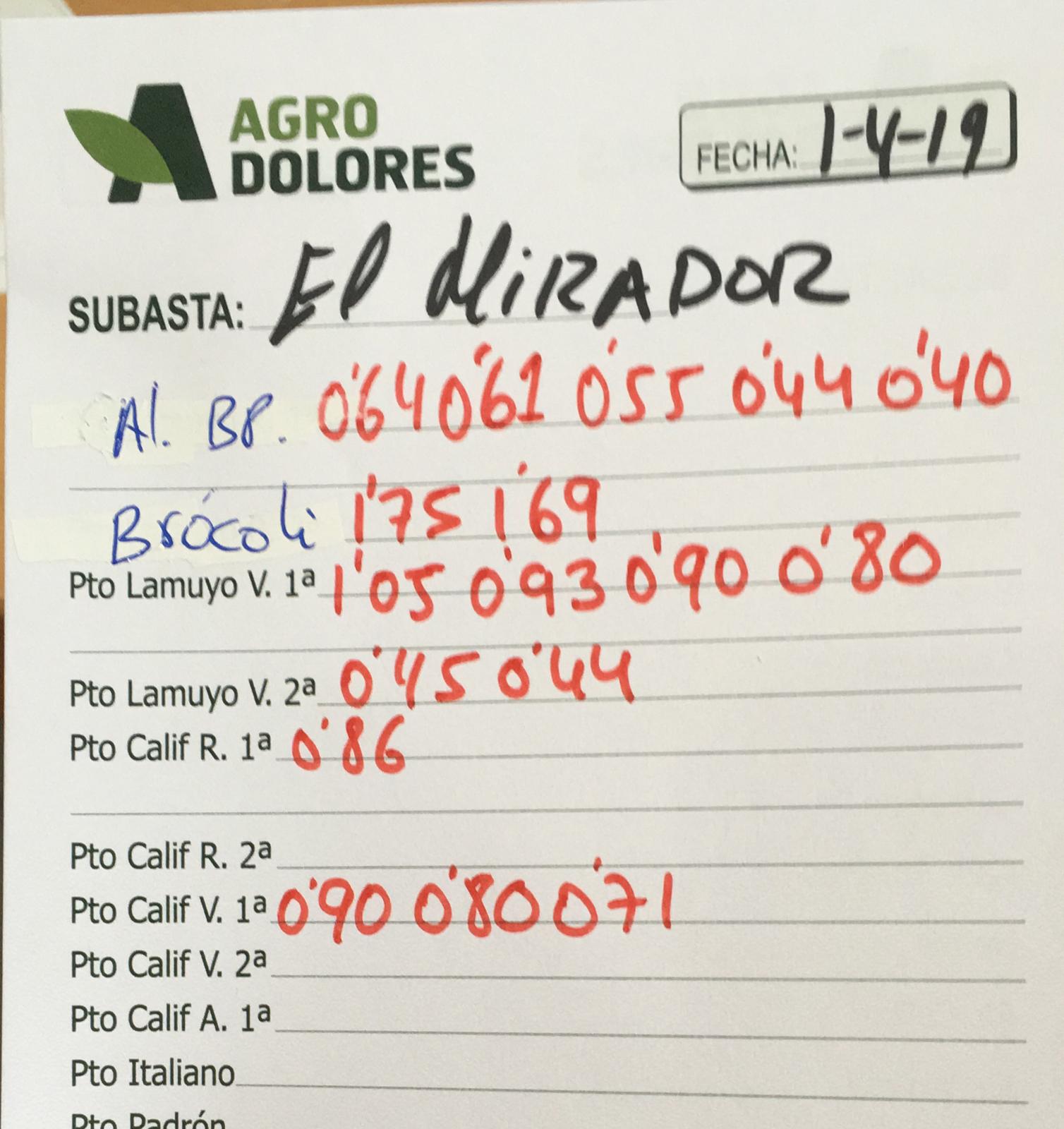 Subasta hortofrutícola Agrodolores El Mirador 1 de Abril 2019