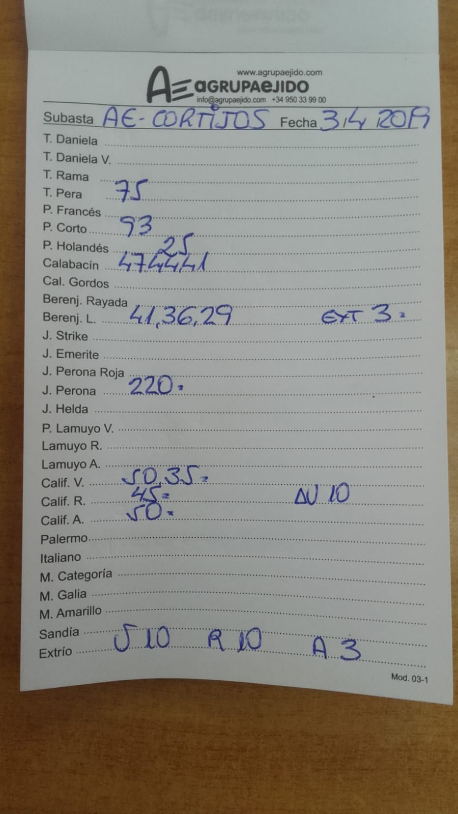 Subasta hortofrutícola AgrupaEjido Cortijos de Marín 3 de Abril 2019