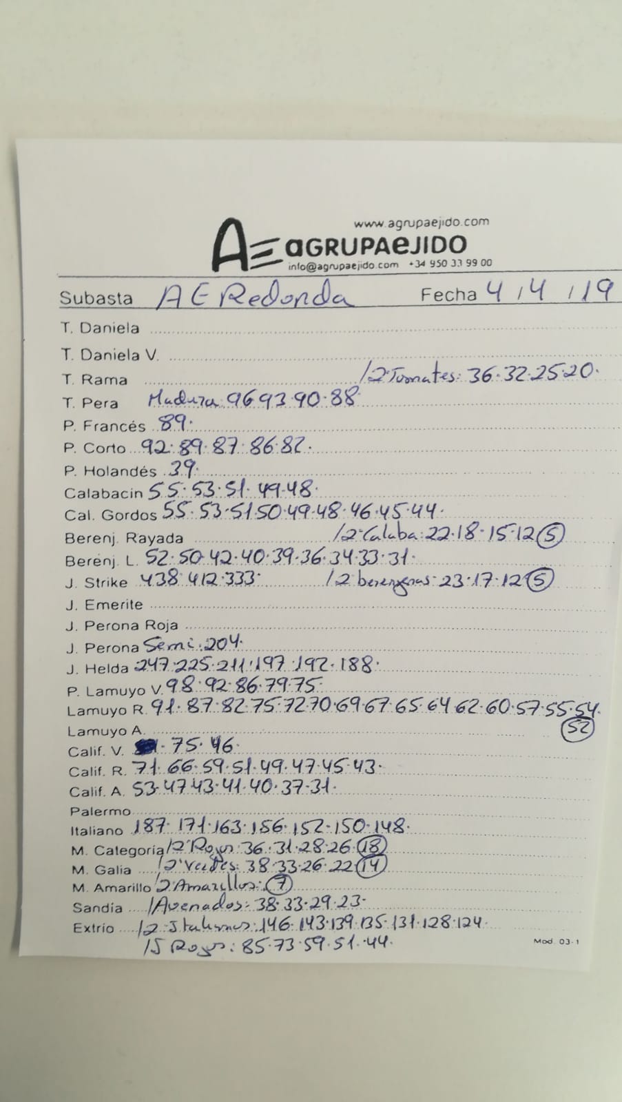 Subasta hortofrutícola AgrupaEjido La Redonda 4 de Abril 2019