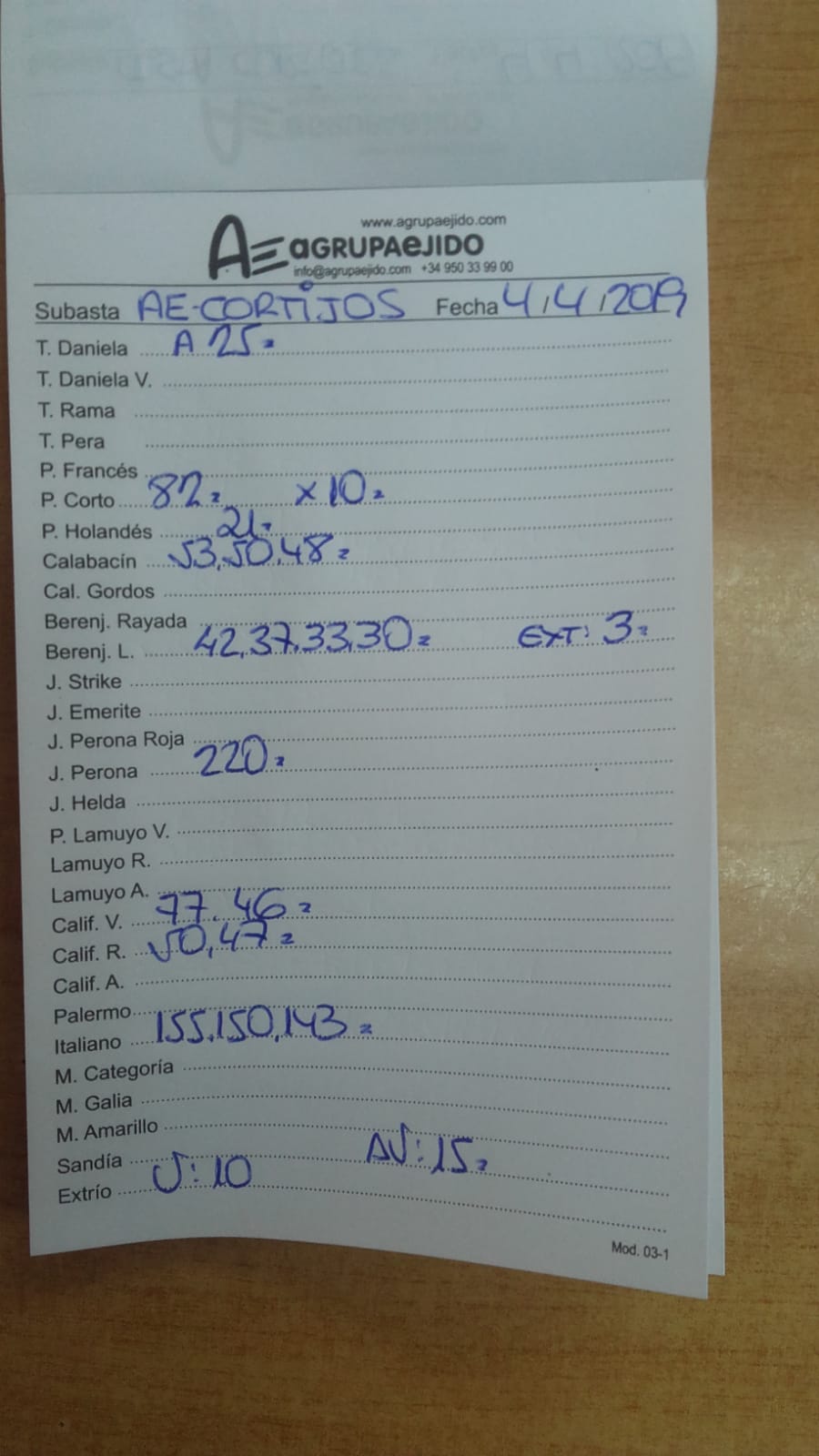 Subasta hortofrutícola AgrupaEjido Cortijos de Marín 4 de Abril 2019