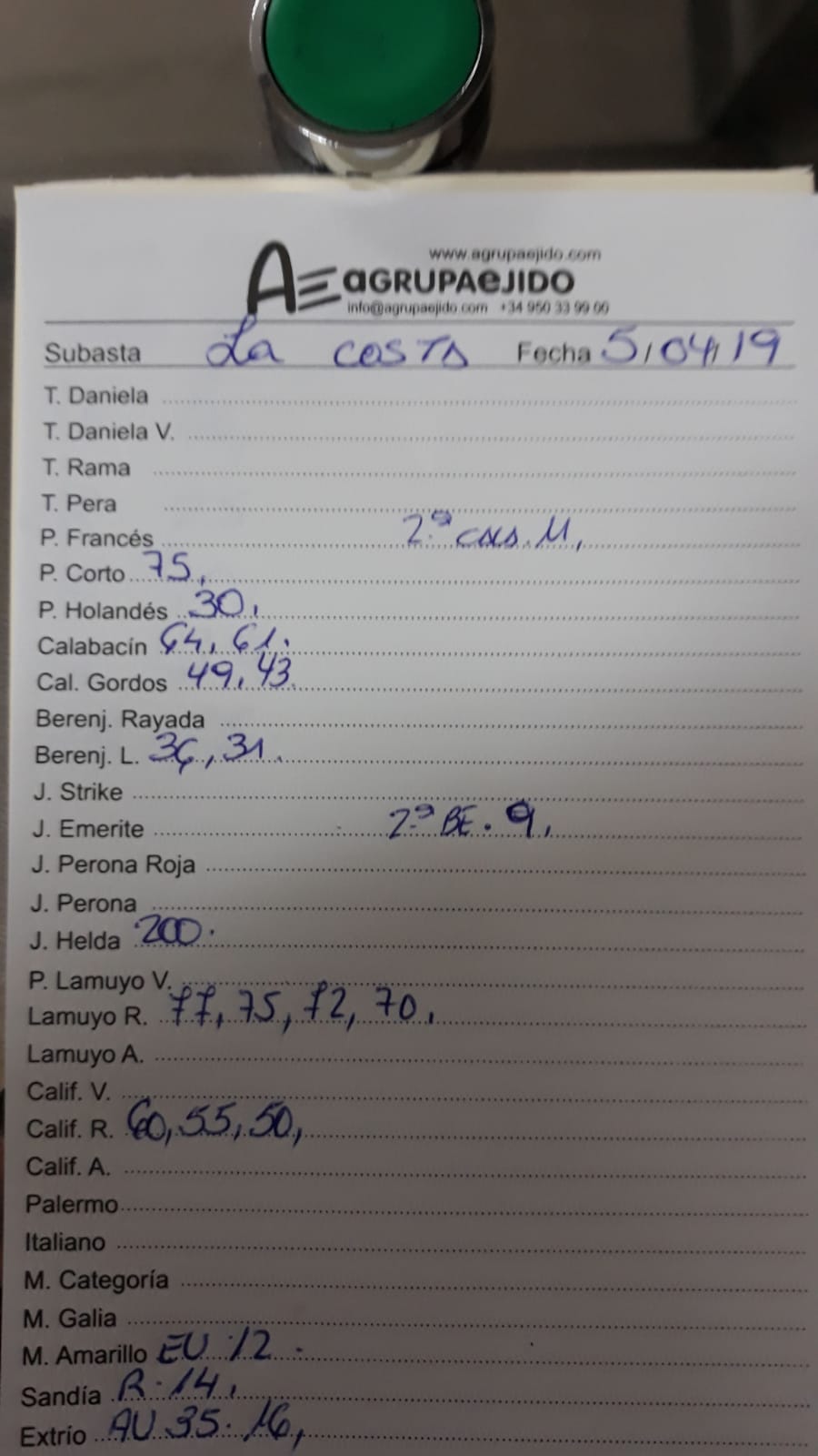 Subasta hortofrutícola AgrupaEjido La Costa 5 de Abril 2019