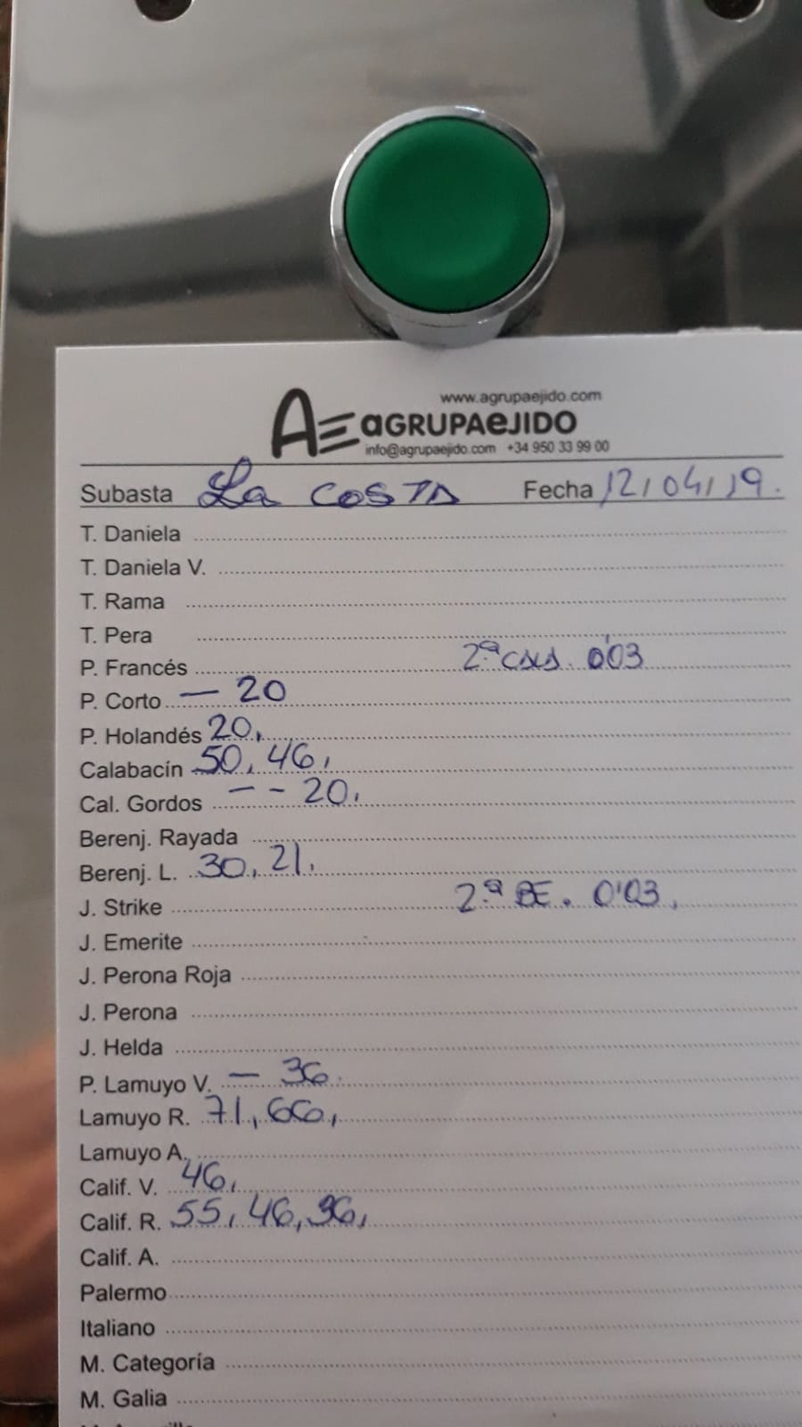 Subasta hortofrutícola AgrupaEjido La Costa 12 de Abril 2019