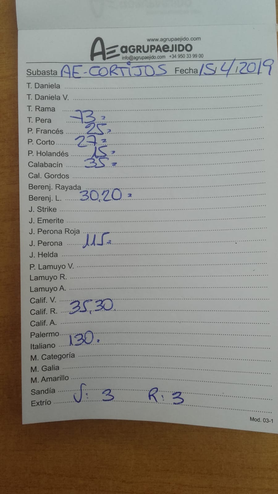 Subasta hortofrutícola AgrupaEjido Cortijos de Marín 15 de Abril 2019