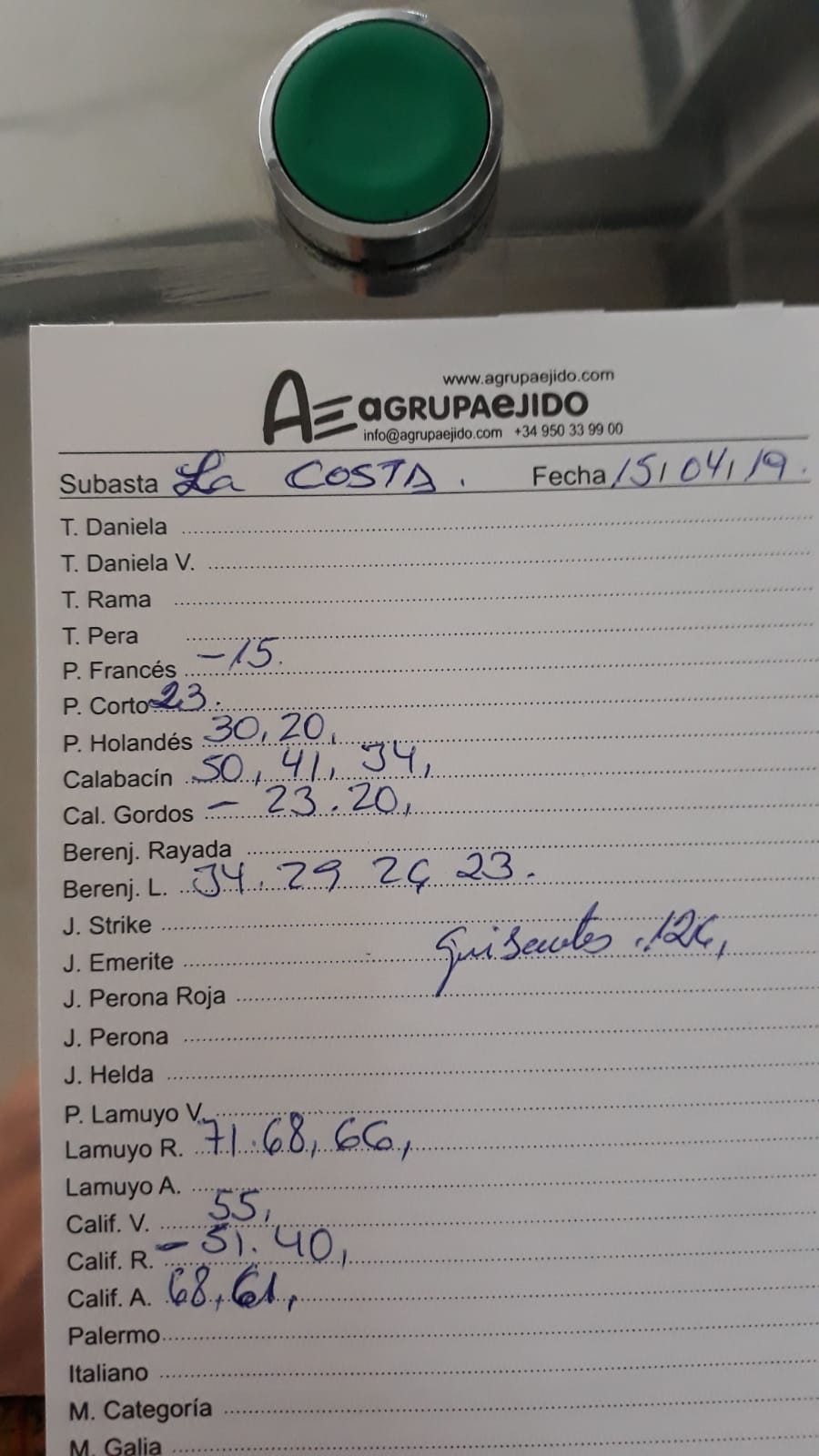 Subasta hortofrutícola AgrupaEjido La Costa 15 de Abril 2019