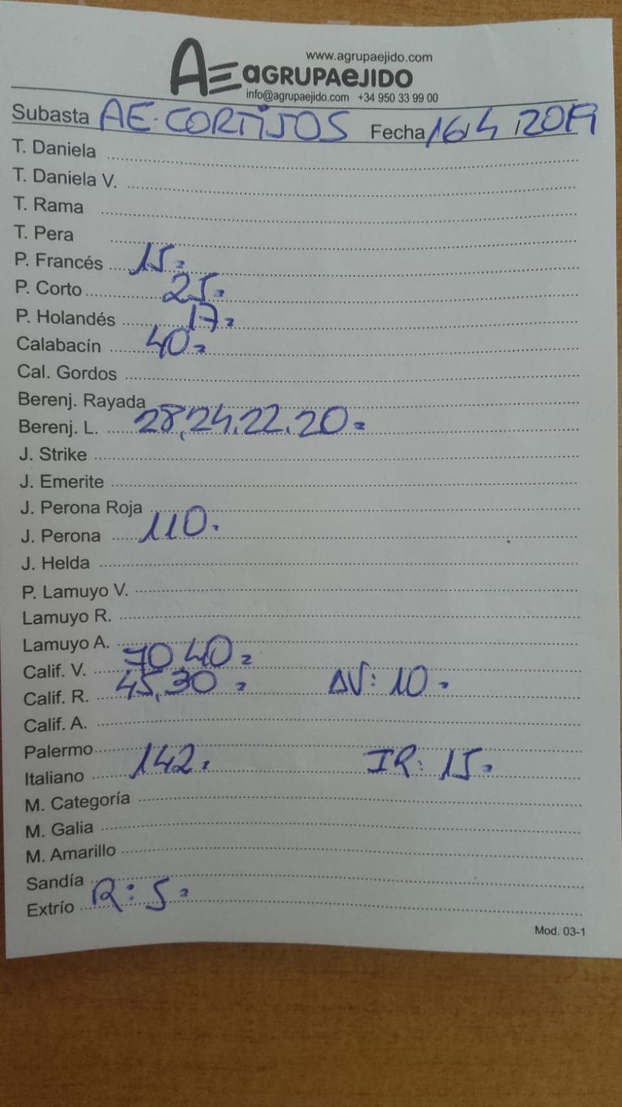 Subasta hortofrutícola AgrupaEjido Cortijos de Marín 16 de Abril 2019