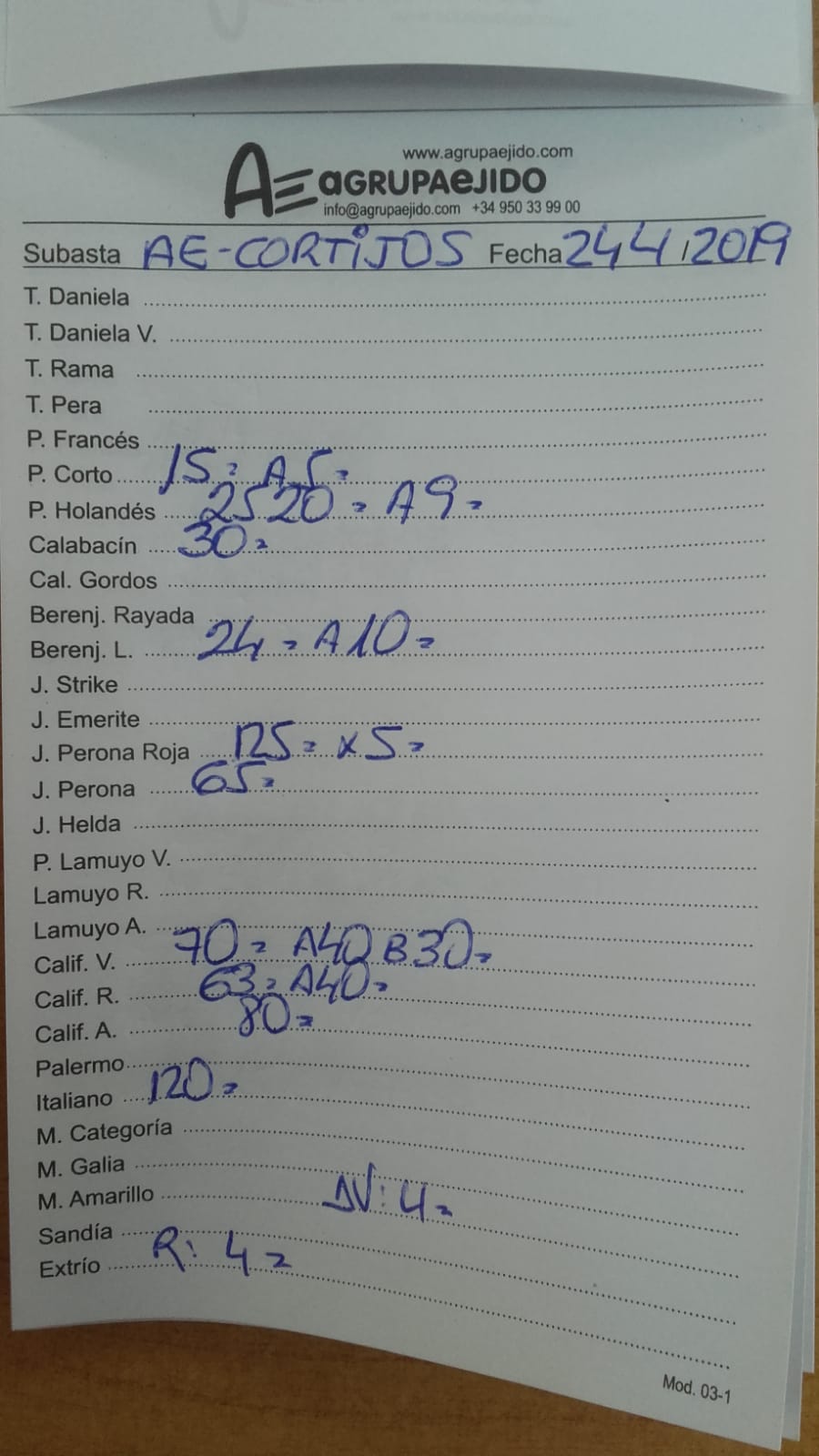 Subasta hortofrutícola AgrupaEjido Cortijos de Marín 24 de Abril 2019