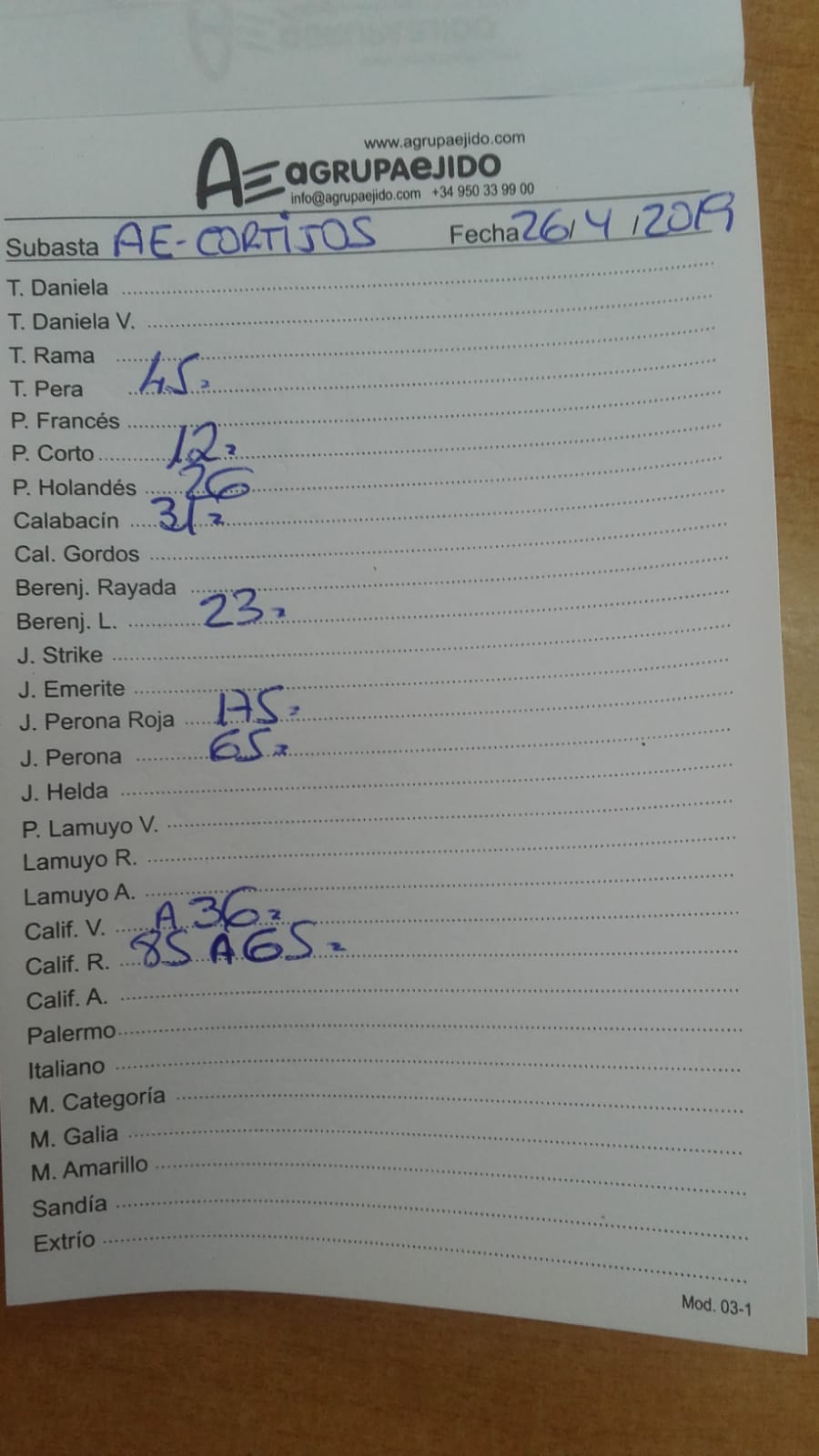 Subasta hortofrutícola AgrupaEjido Cortijos de Marín 26 de Abril 2019