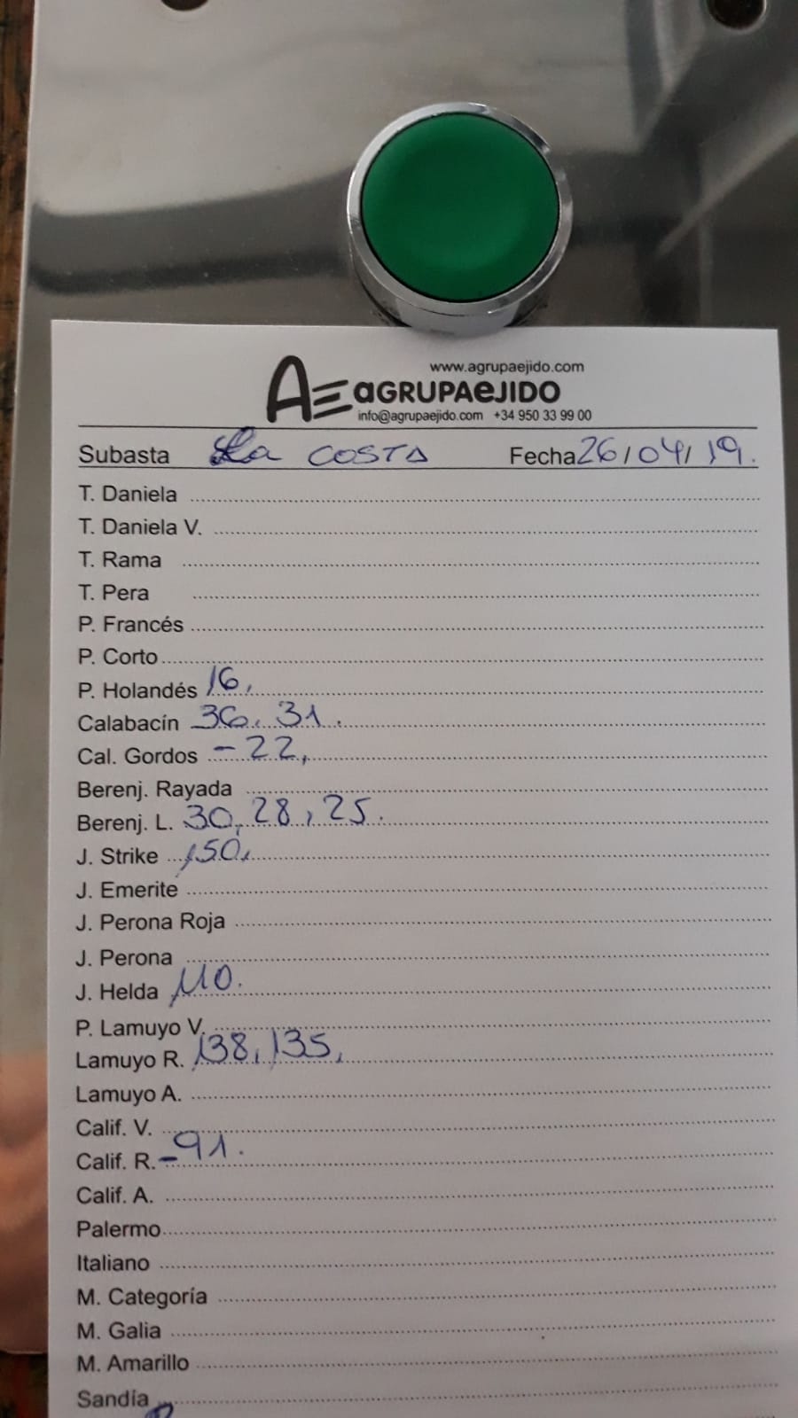 Subasta hortofrutícola AgrupaEjido La Costa 26 de Abril 2019