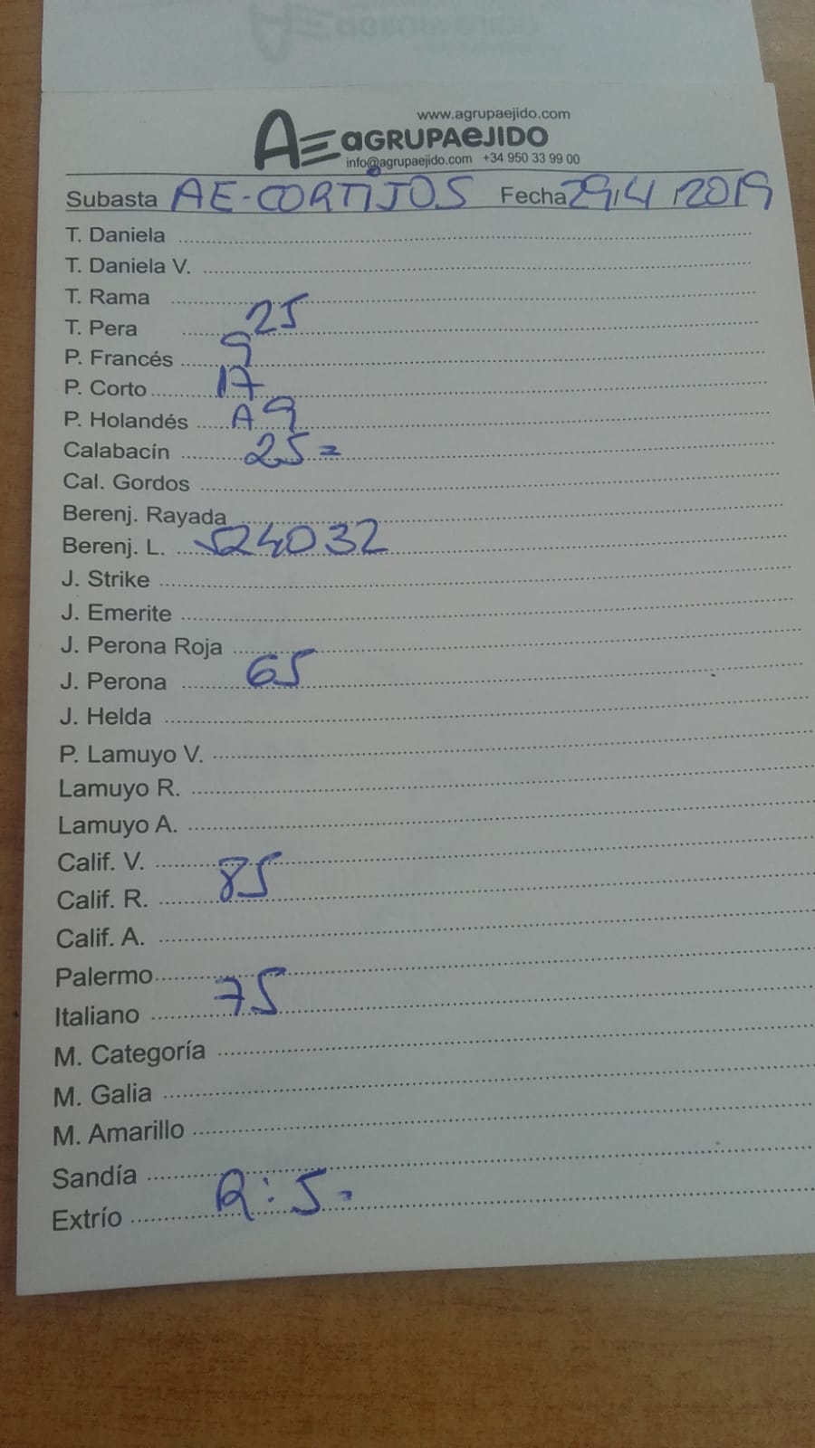 Subasta hortofrutícola AgrupaEjido Cortijos de Marín 29 de Abril 2019