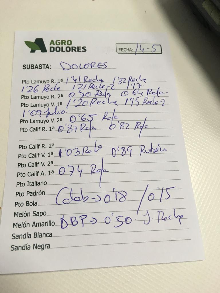 Subasta hortofrutícola Agrodolores Dolores 14 de Mayo 2019