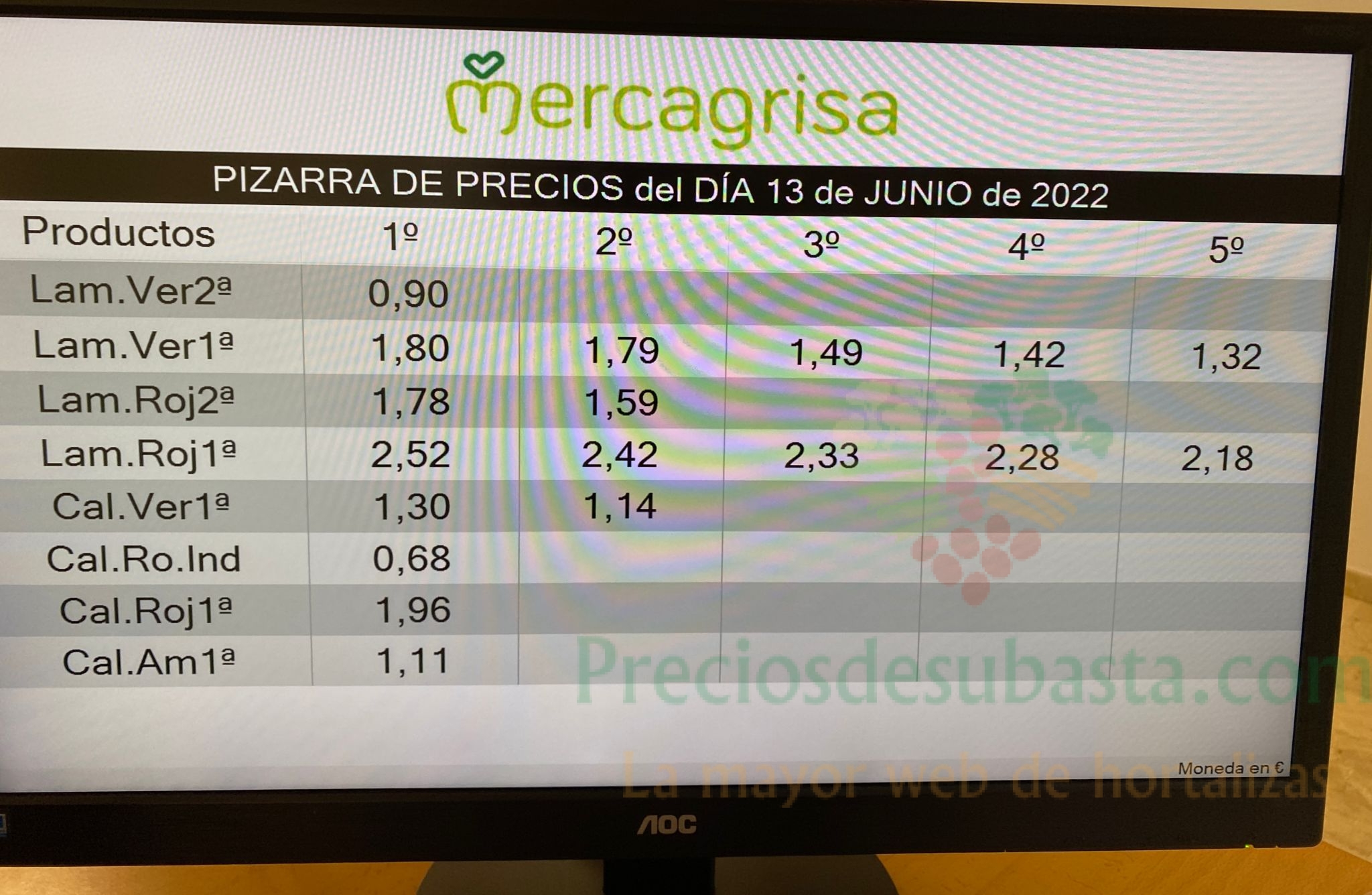 Subasta hortofrutícola Mercagrisa 13 de junio 2022