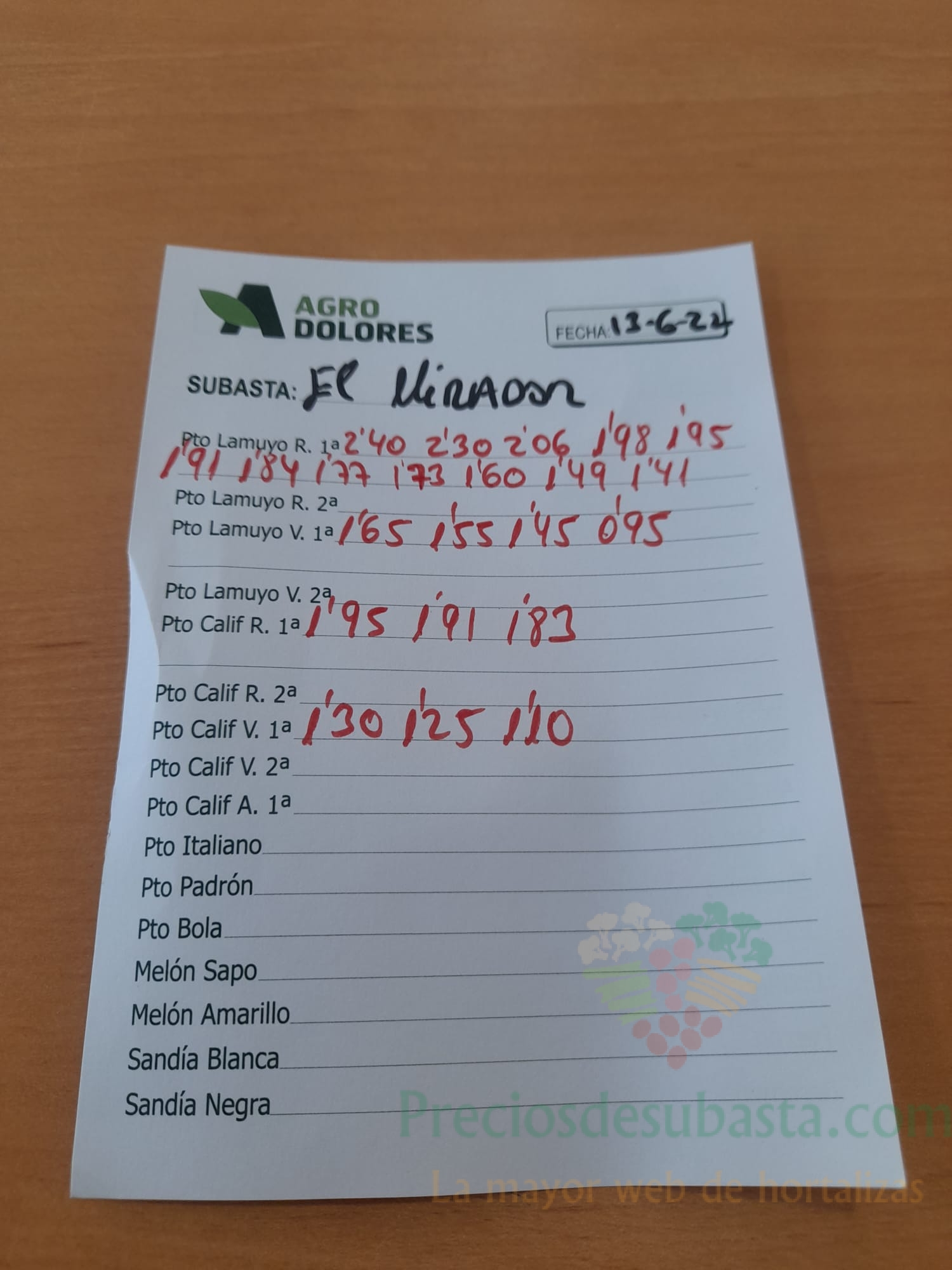 Subasta hortofrutícola Agrodolores El Mirador 13 de junio 2022